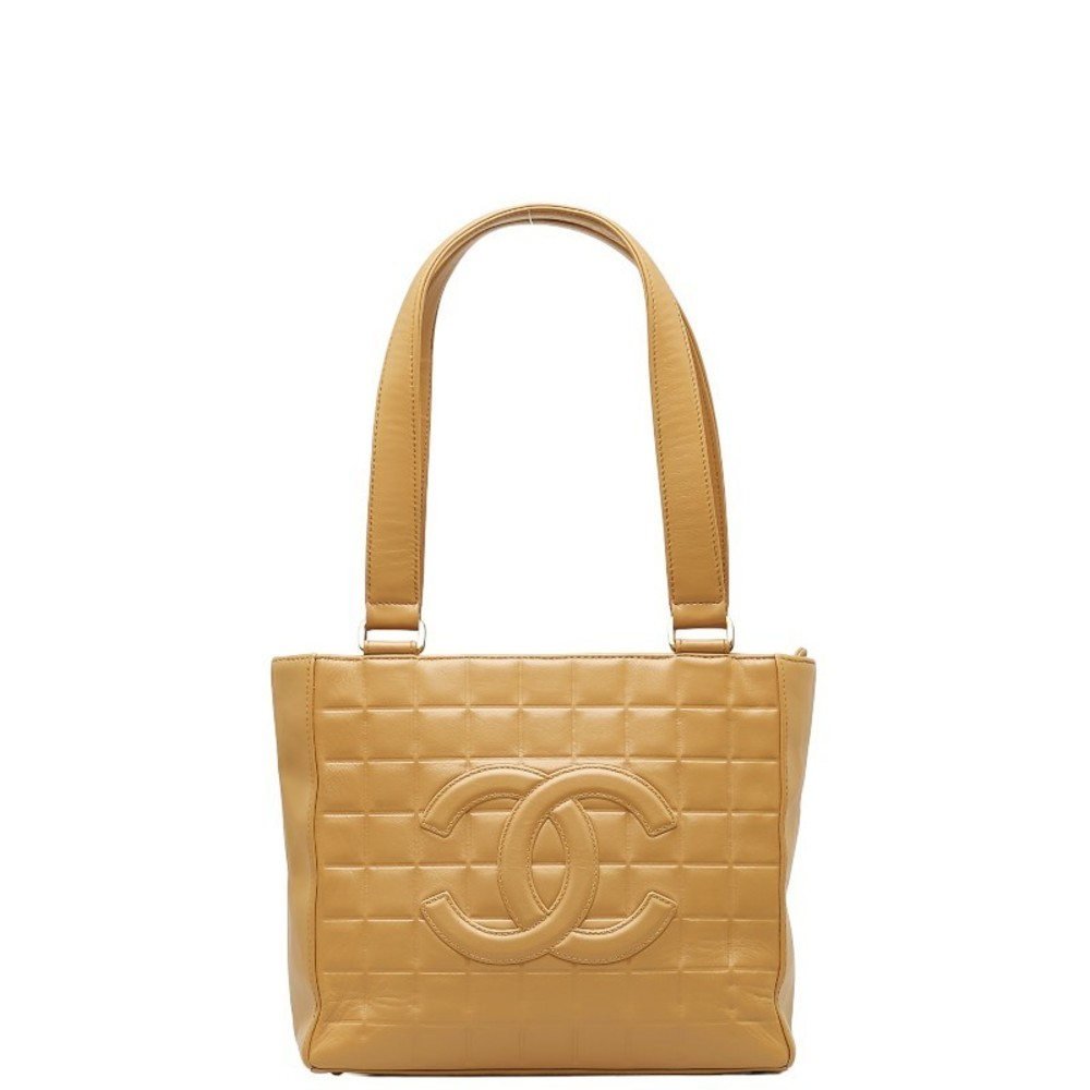 CHANEL Chocolate Bar Big Coco Mark Tote Bag Handbag Beige Leather